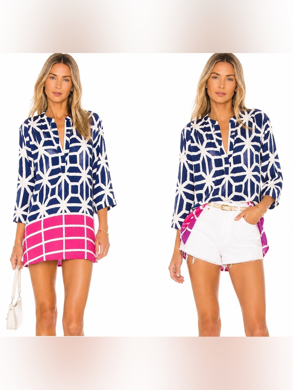 Julie Brown Silk Tunic Size 10 pink white navy Luxury Blouse